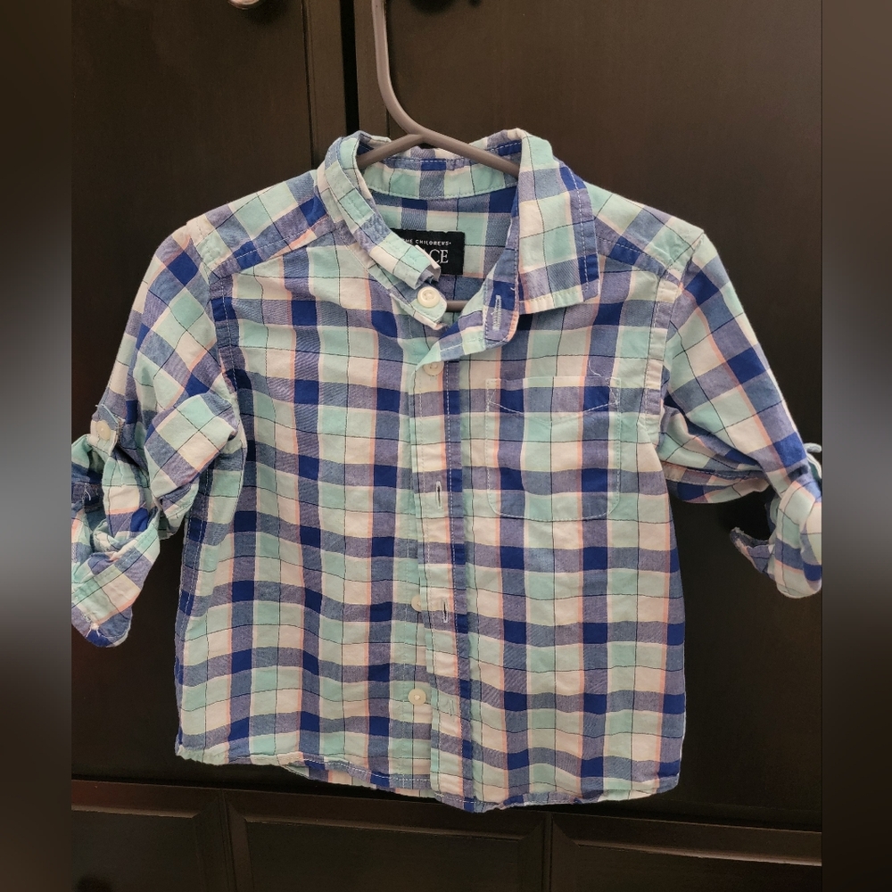 Children's place toddler boys button down plaid blue, size 18-24 months